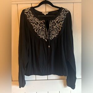Lucky Brand Black Blouse with White Embroidery (NWOT)